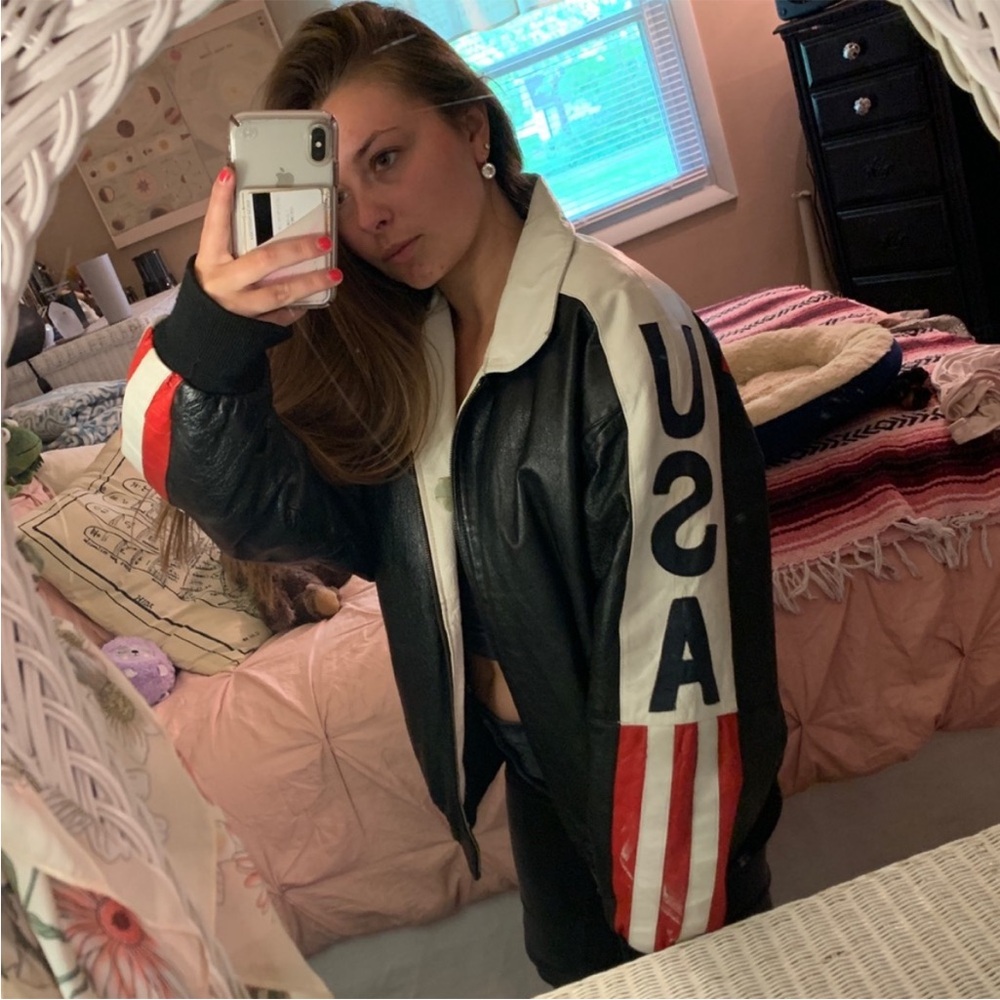 Genuine Leather vintage western bomber USA flag jacket NWT - Picture 5 of 12